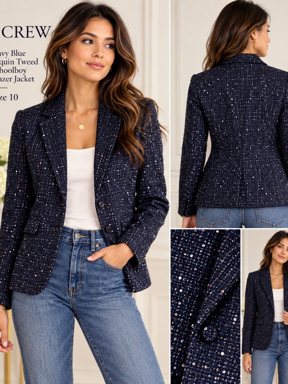 J.Crew Navy Blue Sequin Tweed Schoolboy Blazer Jacket Size 10